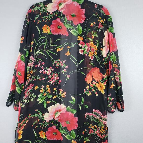 Vintage Women's M Semi Sheer Robe Kimoni Black‎ Floral Beaded Lace Trim - Picture 10 of 10